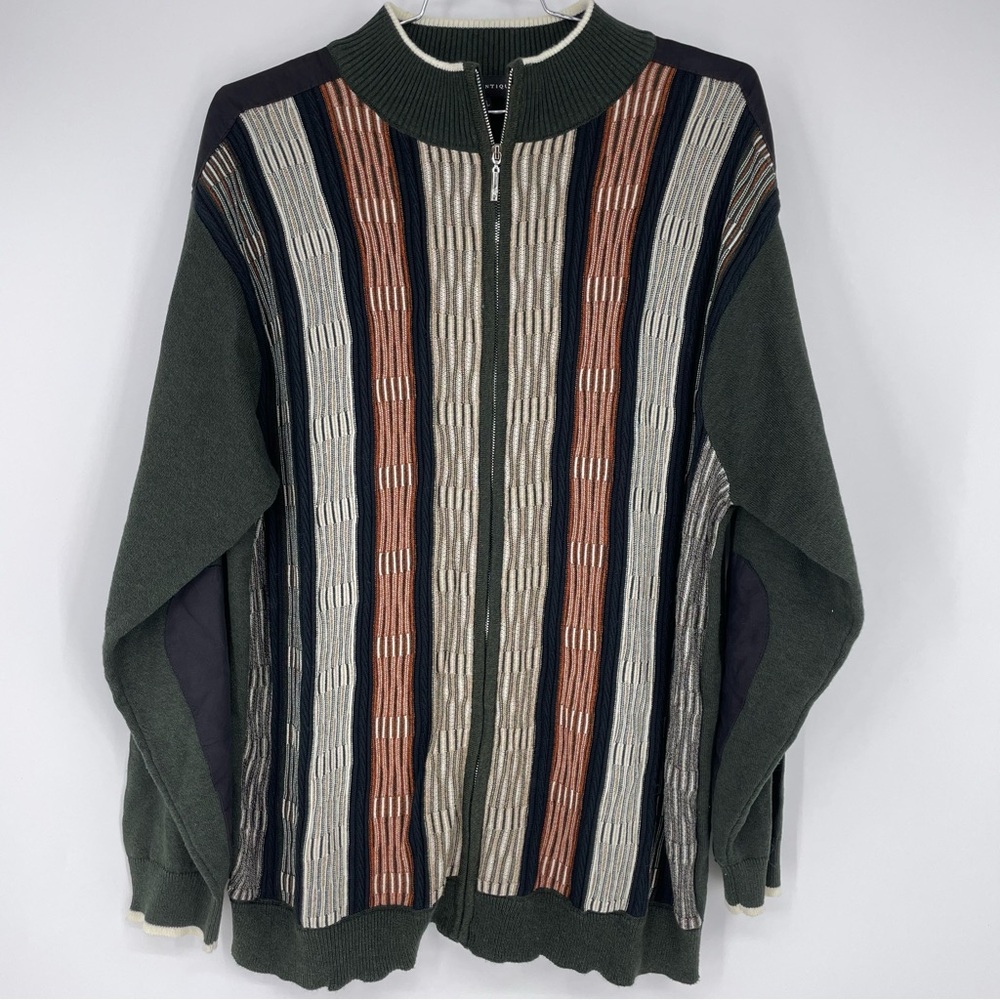 Montique Sweater Mens 3X Cardigan Zip Elbow Patches Brown Wavy 3D Knit Pockets